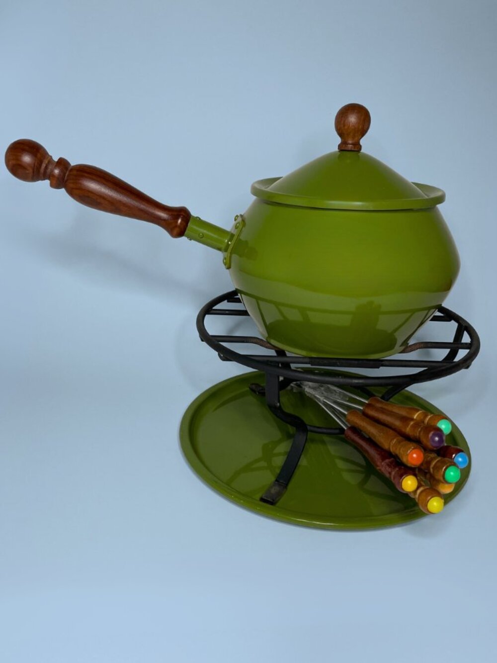 Vintage 1970s Avocado Green Enamel Fondue Set